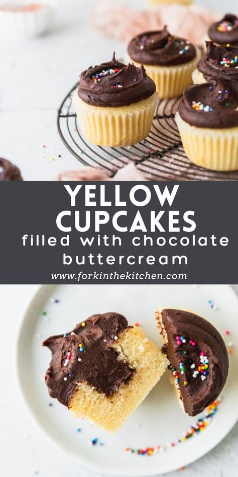 Yellow Cake Cupcakes, Frosting For Chocolate Cupcakes, Cupcakes Filled, Cupcake Chocolate, Yellow Cupcakes, Homemade Recipes Dessert, Cocktail Ideas, Chocolate Buttercream Frosting, Cake Making