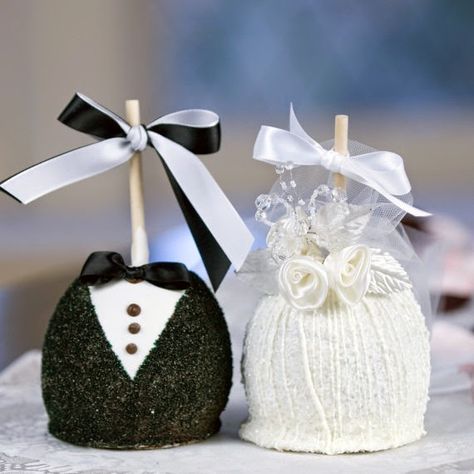 Chocolate Tuxedo, Caramel Apple Gifts, Shower Dress For Bride, White Bridal Shower Dress, Brides Table, Chocolate Caramel Apples, Apple Wedding, Engagement Party Favors, Engagement Party Dresses