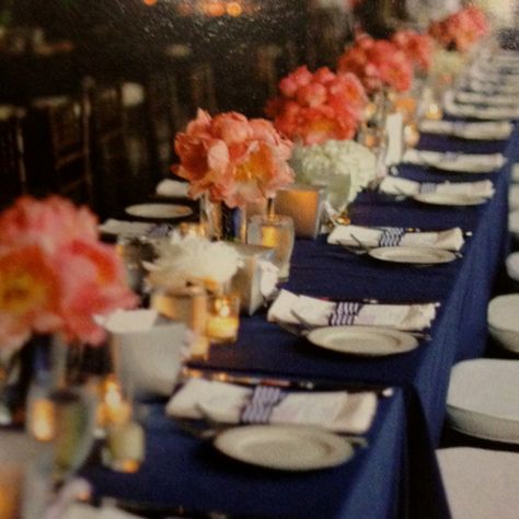 Peach and pink flowers on navy blue tablecloth Navy Peach Wedding, Blue Peach Wedding, Peach Wedding Theme, Wedding Table Pink, Navy Gold Wedding, Different Wedding Ideas, Wedding Themes Spring, Table Arrangements Wedding, Blue Tablecloth