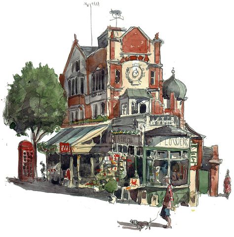 A painting of Le Cochonnet and Avalon Flowers in Maida Vale, London. Compton Street, Maida Vale, London Illustration, French Names, Dartmoor National Park, Telephone Box, Architecture Painting, Sunny Afternoon, Italian Pizza