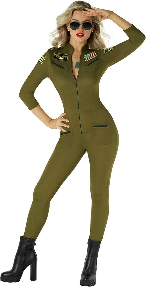 Elevate Your Halloween Game: Our premium-quality and stylish aviator costume is designed to give you a head-turning look and endless fun, with stretchy material for comfort all night long. Top Gun inspired costume. Maverick. Fighter jet pilot costumer. Sexy. Hot. Sexy pilot outfit. This Jumpsuit Is Perfect For Lots Of Ocassions: Halloween, theme parties, bachelorette parties and more.womens air force costume women, military costume for women, pilot halloween costume women. Flight suit. Green. Military Costumes For Women, Pilot Halloween, Aviator Costume, Women Halloween Costumes, Flight Suits, Pilot Costume, Military Costumes, Halloween Costumes For Women, Flight Suit