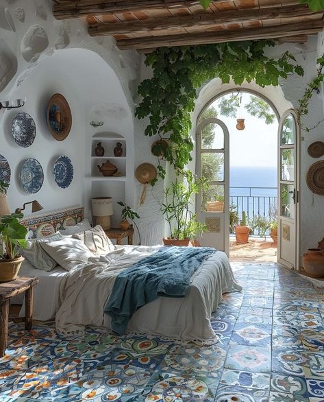 Meditterean Bedroom, Mediterranean Maximalism, Mama Mia Room Aesthetic, Room Decor Loft Bed, Medditeranean Style Home, Mama Mia Aesthetic, House Rooms Ideas, Mediterranean Style Decor, Calm Green