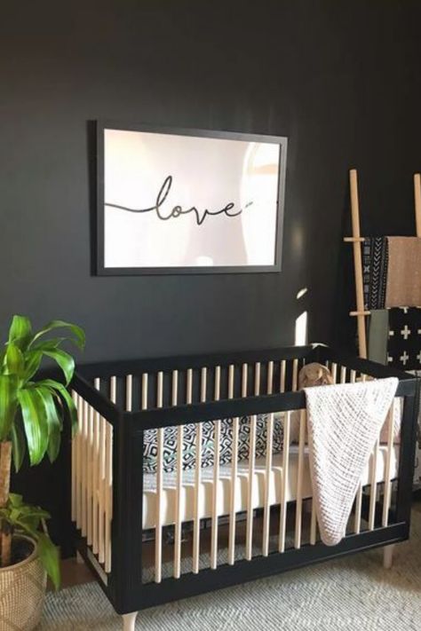 BLACK NURSERY IDEAS 9 Dark Gray Nursery, Black Crib Nursery, Modern Baby Boy Nursery, Dark Nursery, Boy Nursery Ideas, Black Crib, Eclectic Nursery, Black Nursery, Nursery Trends