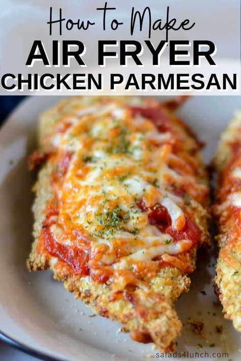 Making this air fryer chicken parmesan is easy to do and takes half the time than it does in the conventional oven. Crispy and delicious! Garnish with parsley, serve with Easy Air Fryer Broccoli and enjoy!! Air Fryer Recipes Chicken Parmesan, Easy Air Fryer Chicken Parmesan, Healthy Chicken Cutlet Recipes Air Fryer, Chicken Parm In Air Fryer, Chicken Parm Air Fryer Recipes, Airfryer Chicken Parmesan, Chicken Parm Air Fryer, Air Fryer Supper Ideas, Chicken Parmesan Air Fryer