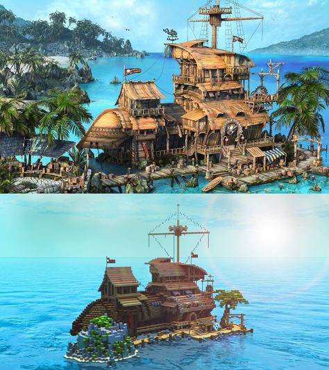 Minecraft Ship House, Pirate House Minecraft, Pirates Minecraft, Minecraft Pirate Builds, Minecraft Airship, Minecraft Pirate Ship, Pirate Minecraft, Pirate Village, Pirate Tavern