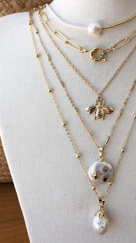 Luxury Layering Beaded Necklaces, Trendy Pearl Layered Necklace, Gold Layered Pearl Chain Necklace, Elegant Gold Layered Necklace With Pearl Charm, Gold Beaded Pearl Layered Necklace, Stacking Necklaces, Necklace Stacks, Gold Coin Jewelry, Raw Opal Ring