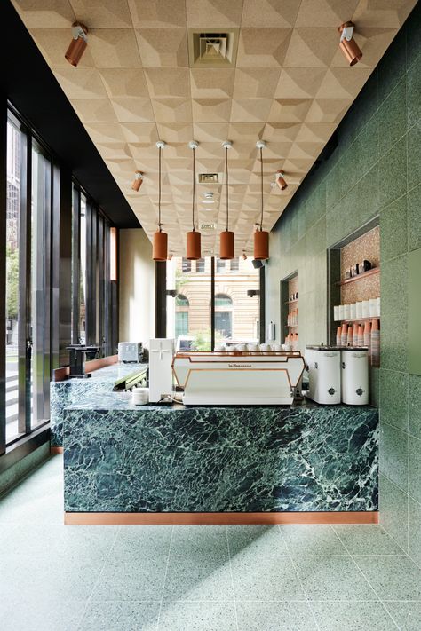 Coffee Shop Counter, Shop Counter Design, Green Terrazzo, Melbourne Coffee, Wall Alcove, Coffee Shop Interior Design, Coffee Shops Interior, Cafe Bistro, Counter Design