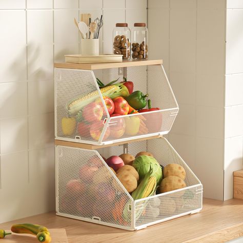 PRICES MAY VARY. 【Space Saving】Kitchen baskets can hold anything you want, perfect for your countertop storage needs whether you use it detached or stacked. The foldable design and wood lid top not only saves you maximum space for organization and storage, but also helps you keep your items neat and organized. 【Easy to Assemble 】Our stackable wire baskets is easy to install, just fold the basket into the correct shape and snap together easily, and tighten it with a screwdriver to complete within Kitchen Counter Food Storage, Fruit And Vegetable Storage Ideas, Countertop Snack Organization, Wire Storage Basket, Baby Kitchen Storage, Organization For Small Kitchen, Self Serve Snack Station, Fruit Organization Kitchens, Onion Basket Kitchen