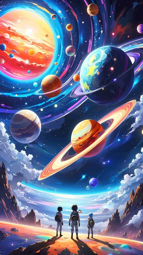 Space Technology Art, Galaxy With Planets, Outer Space Drawing, People In Space, Space Art Wallpaper, Spaceship Illustration, Outer Space Wallpaper, Astronaut Drawing, Space Travel Posters