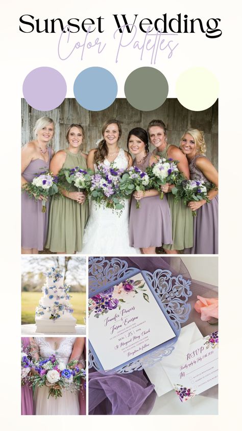 Wedding Cake Dusty Blue, Sunset Wedding Colors, Bridal Party Table, Lavender Wedding Theme, Sage Green Wedding Colors, Fairytale Wedding Theme, Bridal Party Tables, Magical Sunset, Wedding Color Palettes