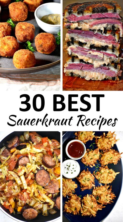 The 30 BEST Sauerkraut Recipes - GypsyPlate New Years Day Sour Kraut, Food With Sauerkraut, Dinner Ideas With Sauerkraut, Dinners With Sauerkraut, Sauerkraut With Bacon, Foods With Sauerkraut, Sourkrout Recipes Crockpot, Sourcraught Recipe, Things To Eat With Sauerkraut