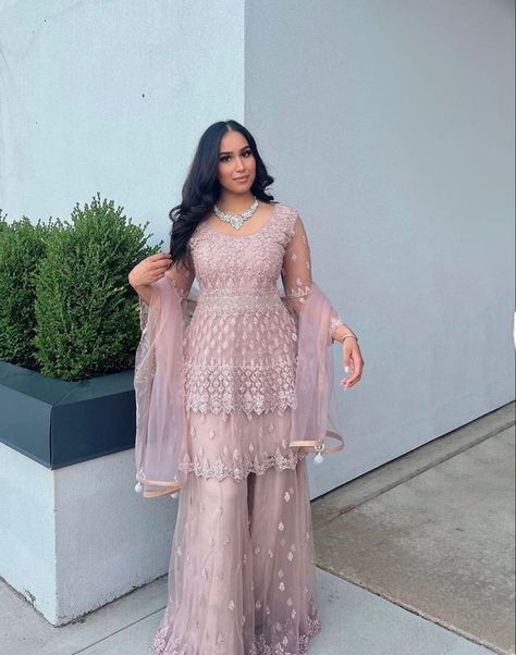 Indian Wedding Outfits Sharara, Pastel Garara Suit, Asian Wedding Outfits Guest, Punjabi Reception Outfit Guest, Baraat Outfit Guest, Pastel Desi Outfits, Muslim Wedding Guest Outfit Ideas, Punjabi Wedding Guest Outfit, Pink Desi Outfit