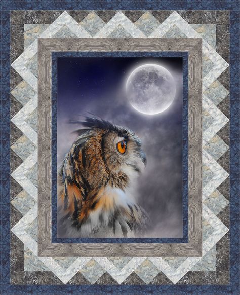 Owls have been an enduring design trend for several years now. Life size realistic owls just take our breath away - and this Free Quilt Pattern features our exclusive Owl Portrait panel, set in a beautiful rustic pieced frame. Start with the 29" x 44" Owl panel, add Wood grain and Stone texture coordinates, with 3 Hoffman Hand-Dyes. The Full Moon shines down with luminosity. From from the 'Wildlife' collection by the Rubin Design Studio, exclusively at eQuilter. Owl Quilt Pattern, Quilting Panels, Cartoon Owls, Easy Quilting Design, Owl Portrait, Wildlife Quilts, Owl Quilts, Halloween Quilt Patterns, Quilt Panels