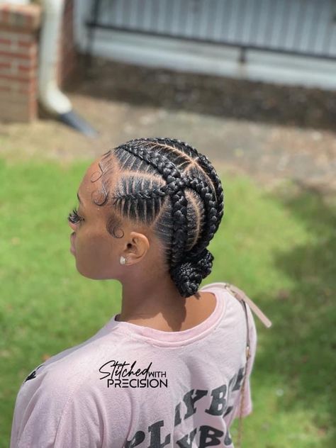 Feed In Braids Criss Cross, Cornrows Going Back Into A Bun, Feedin Braids Into Low Bun, 8 Feed Ins Braids, Four Feed In Braids With Bun, 6 Straight Back Feed In Braids With Design, 4 Feedin Braids Style, 5 Braids Cornrows, 10 Feed In Braids Hairstyles