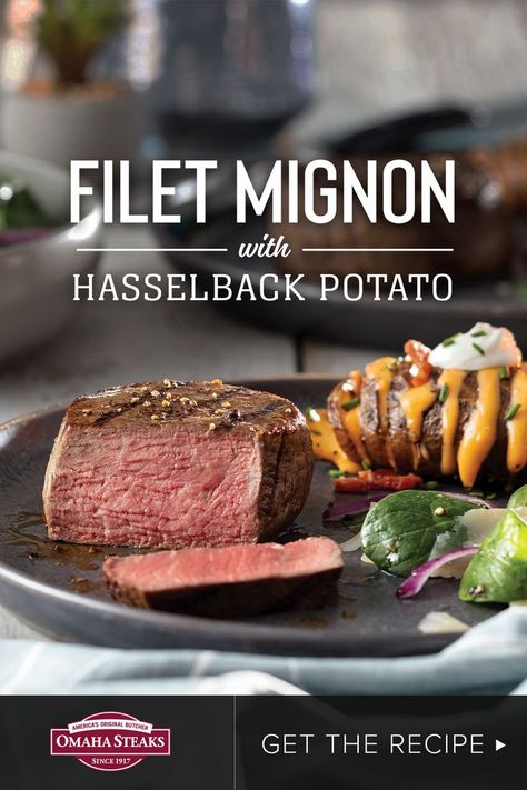 Filet Mignon with Blue Cheese Chive Butter and Fully Loaded Hasselback Potato Sous Vide Filet Mignon, Steakhouse Dinner, Chive Butter, Filet Mignon Recipes, Omaha Steaks, Hasselback Potatoes, Rose Recipes, Creamed Potatoes, Grilled Potatoes