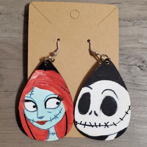 Hand Painted Lightweight Wooden Earrings. Approximately 1.25 X 2.25 Without The Hardware. Please Message Me With Any Questions About Custom Orders Wooden Teardrop Earrings Diy, Teardrop Earrings Diy, Painted Wood Christmas Earrings, Painted Halloween Earrings, Woodburn Earrings, Oogie Boogie Earrings, Wooden Halloween Earrings, Nightmare Before Christmas Earrings, Hand Painted Earrings Wood