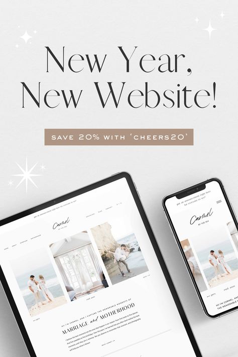 A showit website template shown on an ipad and a smartphone with the text "New Year, New Website. Save 20% with 'cheers20'" Website Announcement, Website Announcement Ideas, New Website Announcement, Website Launch Idea, Website Launch, Carmel By The Sea, Business Emails, Photographer Website, Website Content