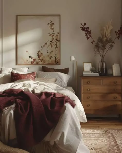 Burgundy And Cream Bedding, Bedroom With Maroon Accents, Maroon Room Decor, Dark Burgundy Bedroom, Cream And Red Bedroom, Red And Brown Room, Cozy Room Colors, Autumn Bedroom Decor Cozy, Romantic Red Bedroom