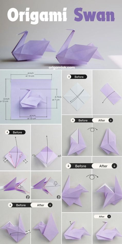 Origami swan is very popular and representative in the world of origami, this instruction is a middle version of a swan, which means it is more elegant and delicate. The only challenge is making the bottom and neck of the swan at the end, but don’t worry, we offer a very detailed step by step tutorial, you are sure to make it. Swan Origami, Sticky Note Crafts, How To Do Origami, Bird Origami, Animal Origami, Paper Swan, Origami Animal, Box Origami, Origami Paper Folding