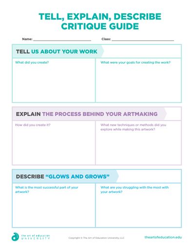 Tell, Explain, Describe, Critique Guide - FLEX Assessment Art Critique Worksheet, Photography Worksheets, Artist Statement Template, Art Assessment, Creative Writing Worksheets, Art Critique, Art Handouts, Art Criticism, Education University