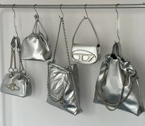 Silver Bag Aesthetic, Diesel Brand, Aesthetic Gold, Silver Bag, Silver Bags, Grey Bag, Classy Aesthetic, Metallic Bag, Bags Aesthetic