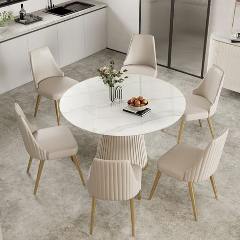 4 Chair Dining Table Marble, White Modern Dining Table With Chairs, Round Kitchen Table And Chairs Marble, Silver Dining Table With Gold Chairs, Modern White And Gold Dining Table, Dining Room Brown Table White Chairs, Round Dining Table Modern White, Round Marble Dining Table Setting, White Table With Leather Chairs