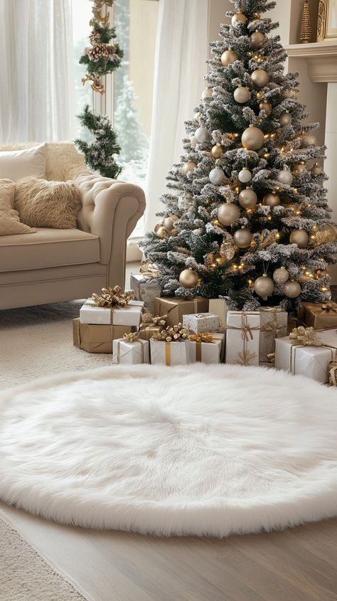 Cozy living room with a fluffy white Christmas tree skirt, elegant tree decor, gifts, and a warm fireplace ambiance. Fur Christmas Tree Skirt, Fur Christmas Tree, Trendy Christmas Decor, Silver Living Room, Luxury Christmas Decor, Home Finishes, Earthy Living Room, Festive Table Setting, Christmas Luxury