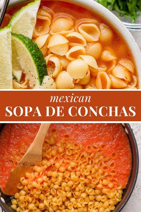 Sopa de conchas, or Mexican shell soup, is a classic comforting sopita made of toasted shell pasta cooked in a flavorful homemade tomato broth. Sopa Soup Recipe, Shell Pasta Soup, Sopita De Fideo Easy Recipes, How To Make Sopita, Sopa Mexican Soup, How To Make Sopa, Chile Verde Sopita With Macaroni, Mexican Pasta Soup, Sopa Recipe Mexican