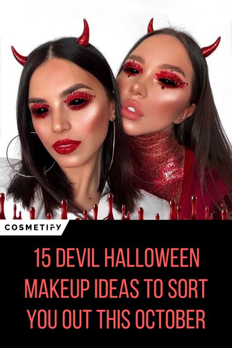 Halloween Make Up Women Devil, Halloween Makeup Devil Easy, Women’s Devil Halloween Costume, Devil Costume Women Ideas, Devil Costume Women Makeup, Womens Devil Makeup, Devil Costumes Women, Pretty Devil Makeup, She Devil Makeup Halloween