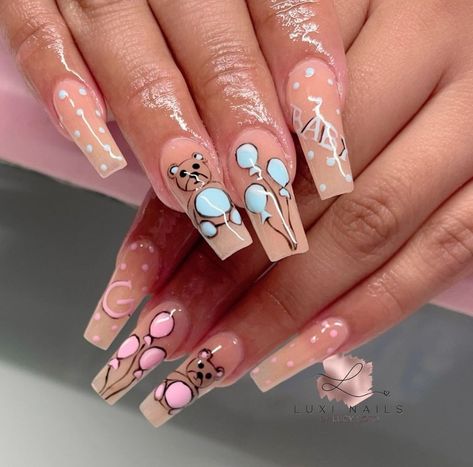 🩷🩵 #genderrevealnails 👧🏼🧒🏻 | Instagram Gender Reveal Ideas Nails, Pink Gender Reveal Nails, Pregnancy Nails Designs, Baby Gender Nails, Simple Gender Reveal Nails, Pink And Blue Nails Gender Reveal, Baby Shower Nail Art, Gender Reveal Nails Ideas, Reveal Nails