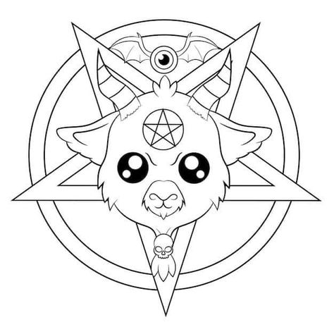 Kawaii Gothic Drawings, Cute Baphomet Drawing, Kawaii Goth Coloring Pages, Dark Kawaii Tattoo, Baphomet Drawing Easy, Creepy Kawaii Pastel Goth Coloring Pages, Kawaii Tattoo Ideas Pastel Goth, Simple Goth Drawings, Creepy Cute Coloring Pages