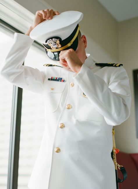 My groom getting ready in his US Navy dress whites for our wedding day. Navy White Uniform, Navy Dress Uniforms, Man In Uniform, Military Aesthetic, Silver Cocktail Dress, Navy Uniforms, Plum Dress, Merchant Navy, Indian Navy