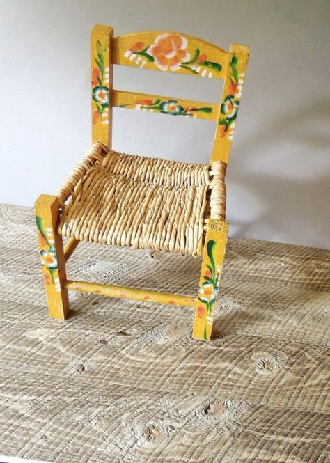 Boho Southwest Decor, Mexican Painted Furniture, Mexican Chairs, Childrens Chair, Painted Wood Chairs, Upcycle Chair, Mexican Furniture, Painted Chair, Yellow Chair