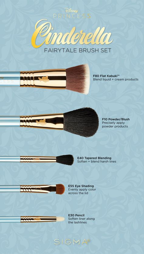 Our Disney Cinderella Fairytale Brush Set features these brushes inside a matching Beauty Bag! #SigmaAndDisney #Cinderella #sigmabeauty #sigmamakeup #sigmabrushes #mua #makeup #beauty #brushes Cinderella Makeup Look Disney Princess, Makeup Looks Prom, Cinderella Makeup, Disney Princess Makeup, Cinderella Hair, Sigma Brushes, Blue Makeup Looks, Princess Makeup, Disney Princess Cinderella