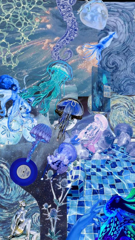 #blue #ocean background #sea #jellyfish Jellyfish Collage, Blue Ocean Background, Sea Jellyfish, Background Sea, Ocean Background, Sea Jellies, Blue Jellyfish, Frog Drawing, Drawing Wallpaper