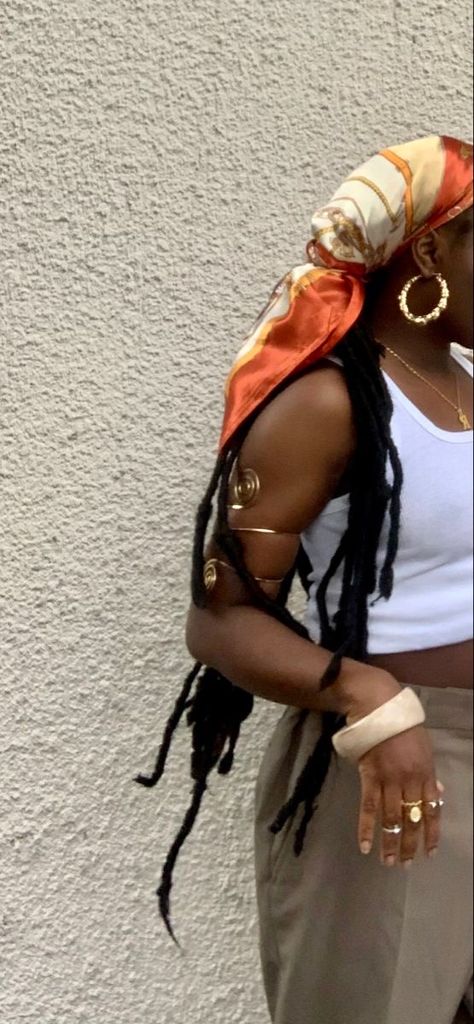 Earthy Outfits Black Women Locs, Summer Headwrap Outfit, Head Scarfs Outfits, Summer Head Scarf Boho Style, Scarf Hairstyles Outfit, Locs With Scarf Black Women, Black Headscarf Outfit, Boho Jewelry Black Women, Black Women With Locs Outfits