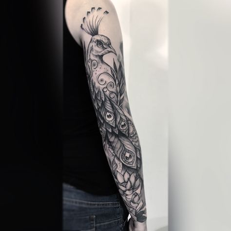 Peacock Arm Sleeve Tattoo, Bird And Mandala Tattoo, Peacock Tattoo Forearm, Peacock Arm Tattoo, Black And White Peacock Tattoo, Peacock Mandala Tattoo, Peacock Tattoo Men, Peacock Tattoo Black And White, Peacock Tattoo Sleeve