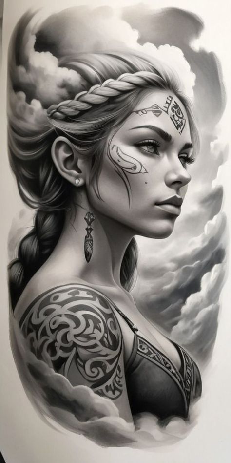 NORDIC VALQUIRIA TATTOO DESIGN Woman Warrior Tattoo Design, Woman Warrior Tattoo, Viking Sleeve, Warrior Tattoo Design, Athena Tattoo, Female Warrior Tattoo, Pagan Tattoo, Valkyrie Tattoo, Face Tattoos For Women