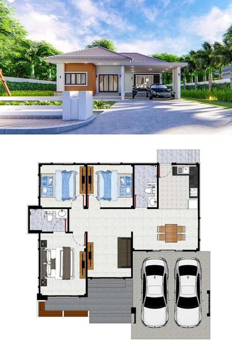 3 Concepts Of 3-bedroom Bungalow House In 2020 House Design 3d, Bungalow Designs, Small House Blueprints, Modern Bungalow House Design, Small Modern House Plans, Three Bedroom House Plan, Bungalow Style House, Two Story House, Craftsman Bungalow