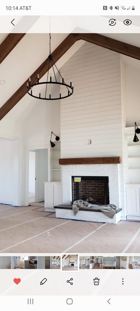 Shiplap 2 Story Fireplace, Brick With Shiplap Fireplace, Shiplap Fireplace Tall Wall, Tall Fireplace Wall High Ceilings Shiplap, Shiplap Chimney Wall, Tall White Brick Fireplace, Half Brick Half Shiplap Fireplace, Brick And Board And Batten Fireplace, White Brick Veneer Fireplace