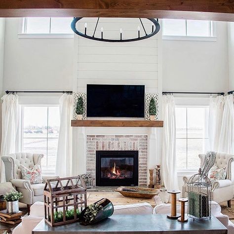 Fireplace Between Windows, Shiplap Fireplace, Farmhouse Fireplace, White Shiplap, Fireplace Remodel, Home Fireplace, White Living, White Living Room, Fireplace Wall