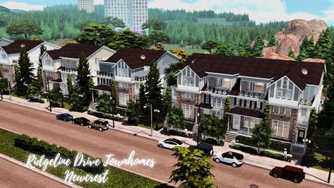 Newcrest | Ridgeline Drive Townhomes | Patreon Townhome Sims 4, Sims 4 Townhome, Newcrest Sims 4, The Sims 4 Packs, Sims 4 Expansions, Basketball Wallpaper, Contemporary Style Homes, Modern Contemporary Style, Sims 4 Build