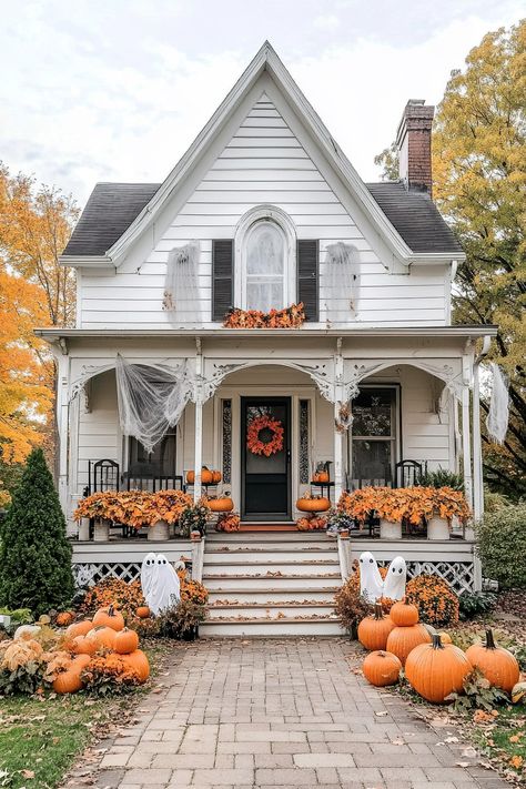 Beautiful fall decor front porch with pumpkins, ghost accents, and seasonal foliage – Outdoor fall porch decor ideas for a cozy Halloween aesthetic. Autumn Home Exterior, Fall Decor Exterior, Fall Home Exterior, Fall House Exterior, Fall Houses Exterior, Mums In Pumpkins, Outdoor Fall Decor, Fall House, Plush Furniture