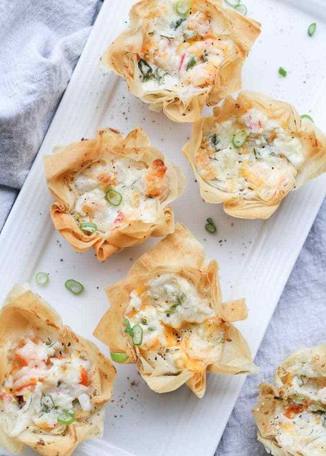 Crispy phyllo dough cups with a crab and shrimp filling. A simple and light appetizer or side dish recipe. Seafood Appetizers Easy, Phyllo Dough Recipes, Phyllo Recipes, Phyllo Cups, Mardi Gras Food, Light Appetizers, Seafood Appetizers, Phyllo Dough, Recipes Appetizers And Snacks