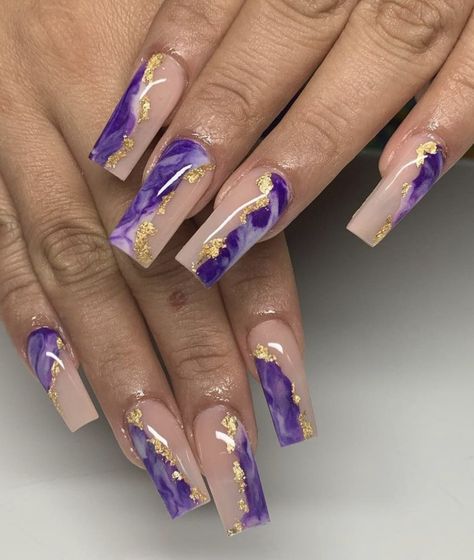 Royal Purple And Gold Nails, Purple And Gold Nails Acrylic, Dark Purple And Gold Nails, Purple And Gold Nails Designs, Royal Purple Nails, Clawed Beauty, Purple And Gold Nails, Purple Marble Nails, Sapphire Nails