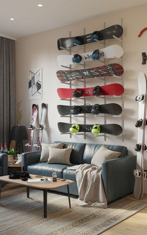 A modern wall rack displaying multiple snowboards in a stylish ski gear room. Ski Gear Storage, Snowboard Wall Rack, Wall Rack Design, Snowboard Storage, Snowboard Wall, Ski Store, Gear Room, Ski Gear, Wall Rack