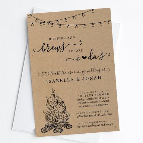 $2.82 | Bonfire & Brews Before I Dos Couples Bridal Shower | Bridal Shower Invitations | bridal shower, rustic kraft paper background, rehearsal dinner, engagement party, couple's wedding shower, wedding elopement celebrations, bachelor party trip, before i dos, bonfire and brews after, beer camping weekend Brews Before I Dos, Casual Engagement Party, Couples Shower Themes, Bonfire Wedding, Couples Engagement Party, Couples Bridal Shower Invitations, Bachelor Party Invitations, Bridal Shower Inspo, Couples Bridal Shower