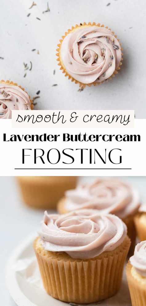 This lavender buttercream frosting is silky smooth and has a delicious floral flavor. It is delicately flavored with lavender extract and adds the perfect, fragrant touch to your Spring cakes and cupcakes! Lavender Cream Cheese Frosting, Lavender Cream Cheese Frosting Recipe, Lavender Frosting Recipe, Lavender Cupcakes Recipe, Lavender Extract Recipes, Buttercream Frosting Flavors, Frosting Styles, Lavender Buttercream Frosting, Flavored Buttercream Frosting