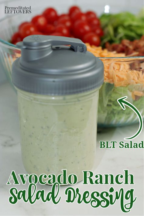 This BLT Salad Recipe with Avocado Ranch Dressing is a family favorite. This easy salad recipe is made with romaine lettuce, cherry tomatoes, and bacon. It also includes cheese and croutons. The creamy avocado ranch dressing recipe makes this salad scrumptious! Avocado Ranch Dressing Recipe, Ranch Salad Dressing Recipes, Creamy Avocado Ranch Dressing, Asian Chicken Salad Recipe, Blt Salad Recipe, Avocado Ranch Dressing, Salad Dressing Container, Ranch Salad, Blt Salad