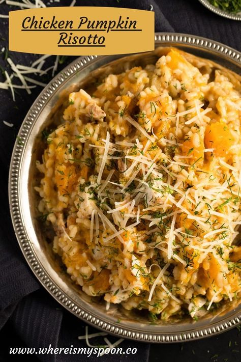 This creamy and flavorful chicken and pumpkin risotto is a light yet comforting fall or winter favorite meal. #whereismyspoon #chickenpumpkinrisotto #pumpkinchickenrisotto #risottorecipes #italianrisotto #pumpkinrisotto #chickenrisotto #italianrecipes Slow Cooker Chicken Risotto, Pumpkin Chicken Risotto, Winter Rice Recipes, Chicken And Pumpkin Recipes, Chicken And Pumpkin Risotto, Chicken Risotto Recipe, Pumpkin Risotto Recipes, Risotto Recipes Chicken, Pumpkin Chicken